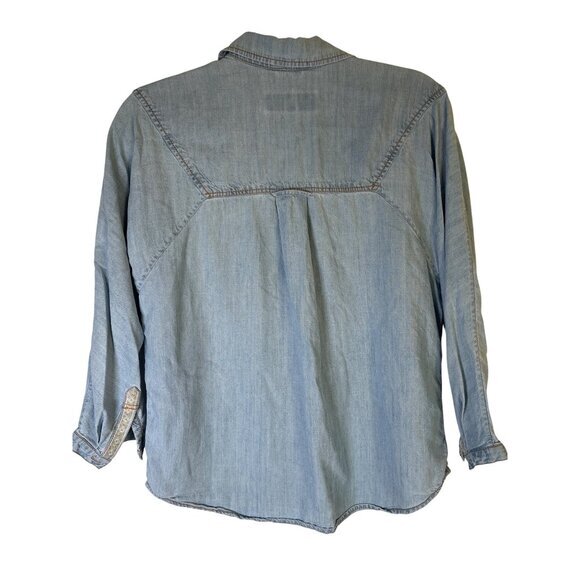 7 For All Mankind Womens Shirt Size Small Chambray Linen Blend Blue Embroidered - Picture 10 of 11